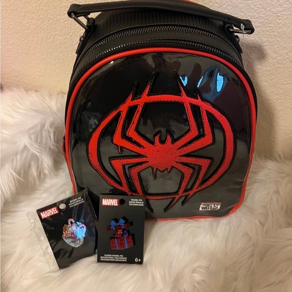 Marvel Spider-Man Miles Morales Logo Mini Backpack & Loungefly Spider-Man Pins - Picture 3 of 11